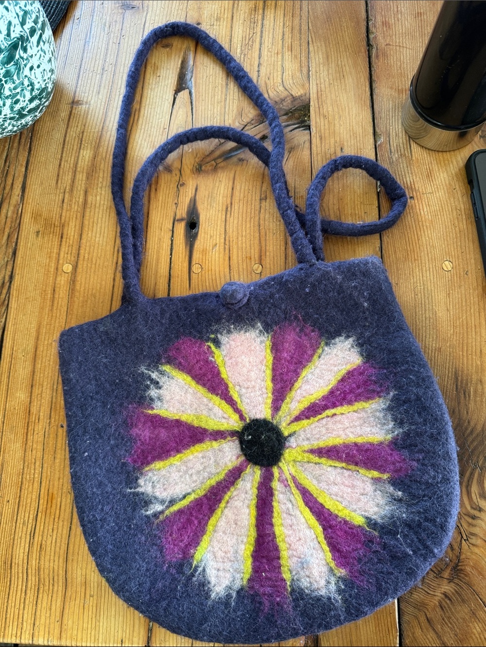 Handcrafted Navy Wool Felt Shoulder Bag with Floral Accent